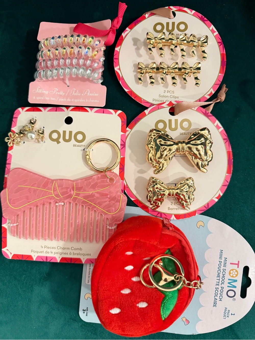 QUO Kids Pink & Gold Hair Accessory Set with Strawberry Pouch
